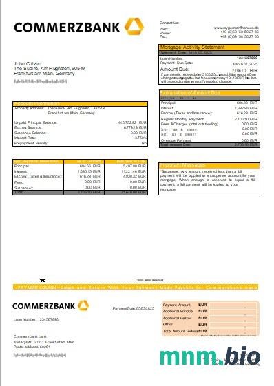 Niemcy Bank Commerzbank wyciąg z kredytu hipotecznego szablon Word i PDF